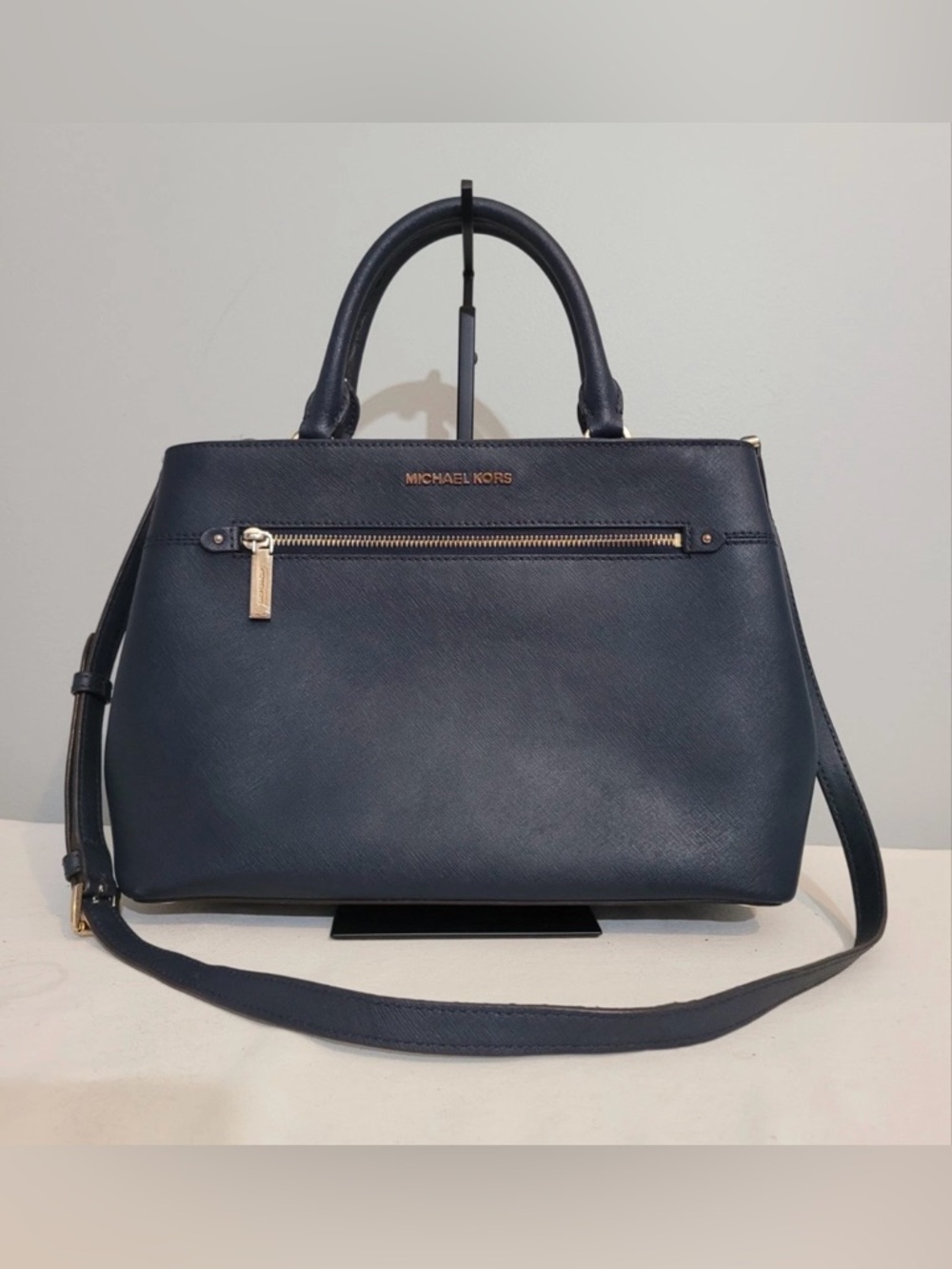 Michael Kors Navy Saffiano Satchel Crossbody Bag with Gold Hardware